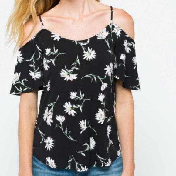 Kaileigh Tops - Kaileigh Strappy Back detail cold shoulder Black Floral Poly Blend Size M Top